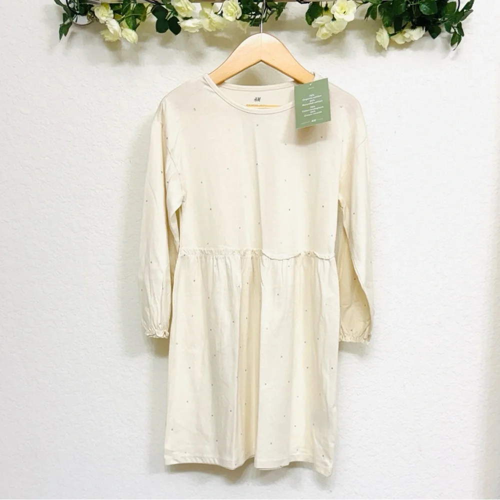H&M • Cream Cotton Ruffle T-shirt Dress with Shimmering Silver Polka Dot Detail